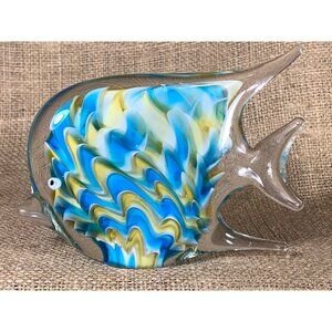 Blue & Yellow Art Glass Angel Fish Paperweight 3.75" x 6"